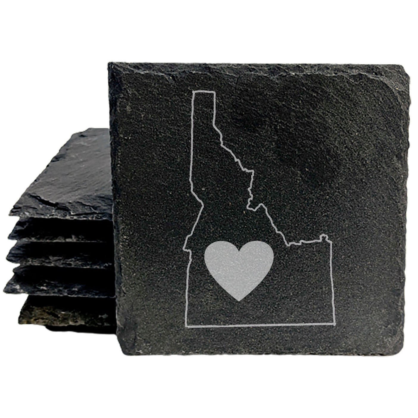 Rustic Slate Coasters Set of 4 - Idaho Heart Design, 4" Round, Natural Chipped Edge, Rubber Feet, - Perfect for Holidays, Birthdays, Housewarming - Made in Oregon, USA