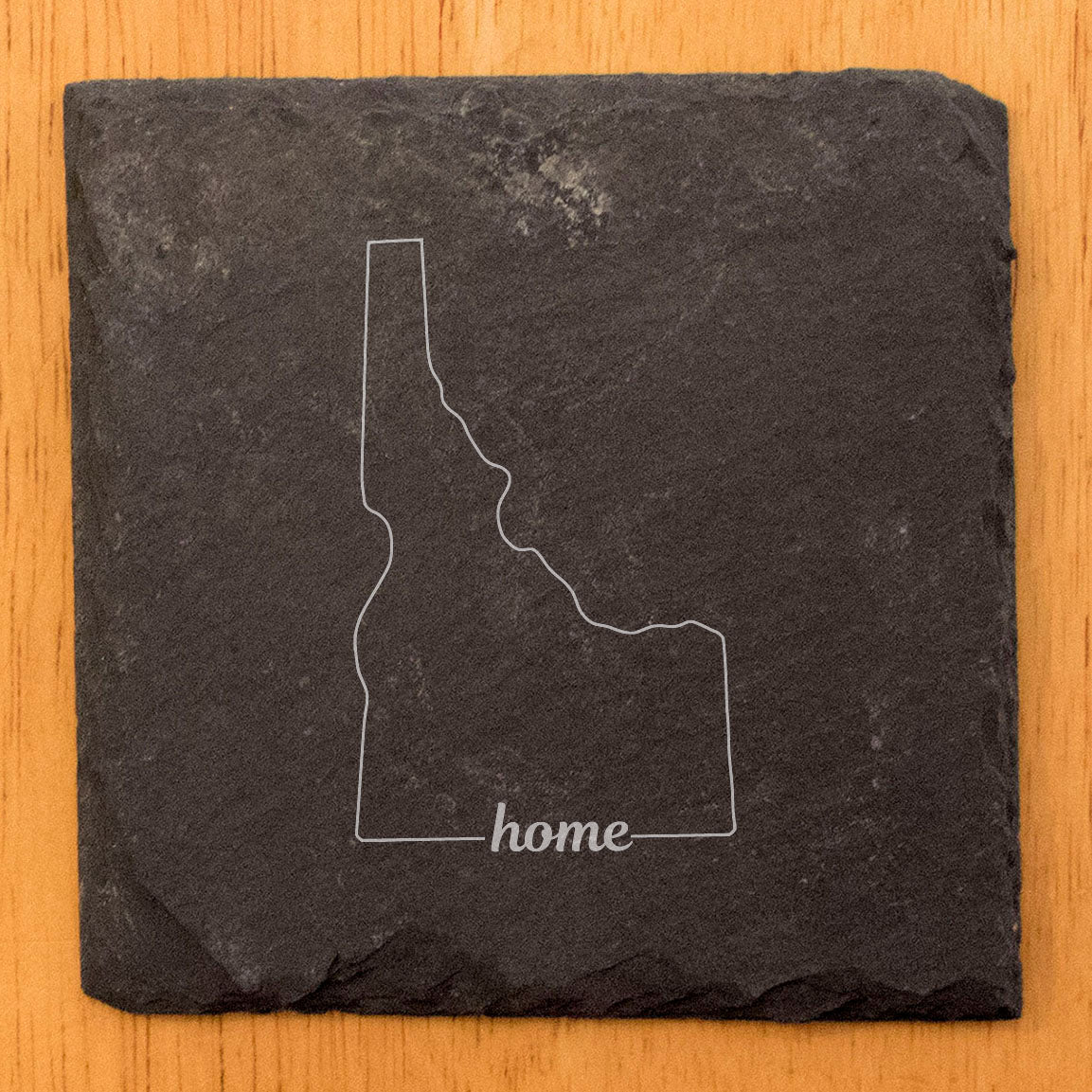 Rustic Slate Coasters Set of 4, Round 4" with Idaho 'Home' Design, Laser Etched, Perfect for Holidays, Birthdays, Housewarming Gifts, Made in Oregon, USA, Natural Chipped Edge, Rubber Feet