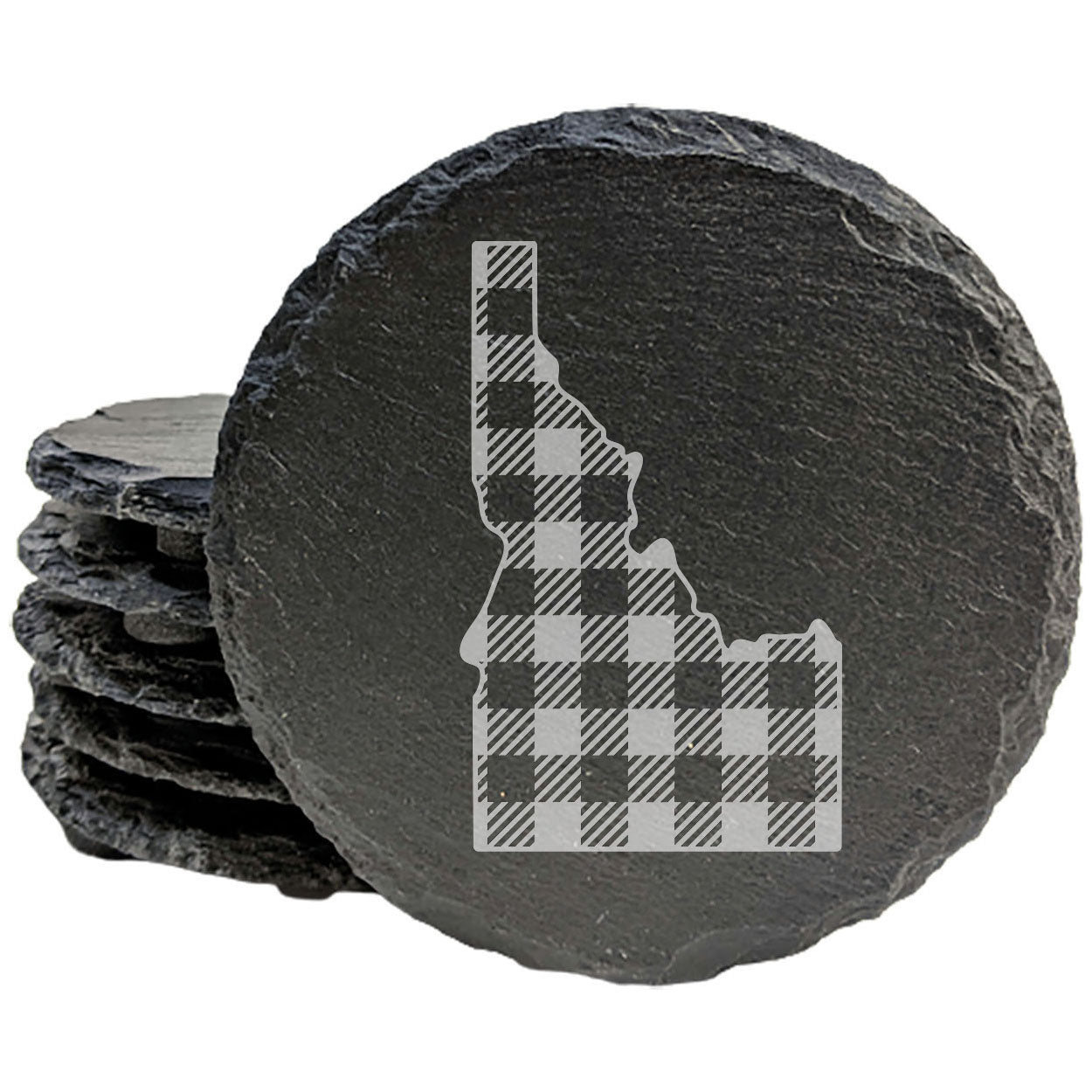 Rustic Slate Coasters Set of 4 - Idaho Plaid Design, 4" Round, Natural Chipped Edge, Rubber Feet, - Perfect for Holidays, Birthdays, Housewarming - Made in Oregon, USA