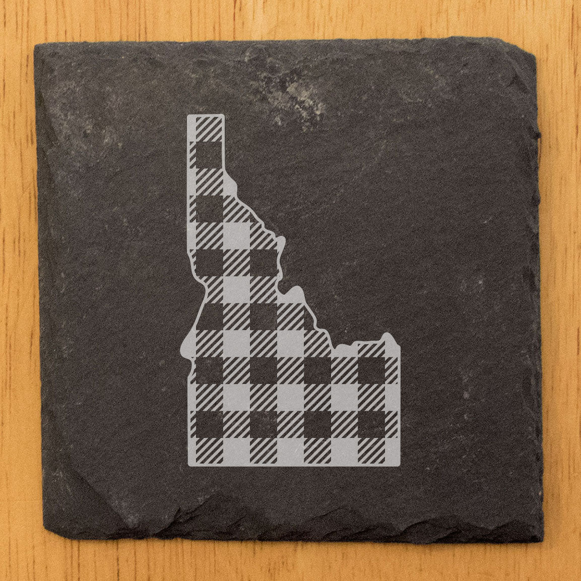 Rustic Slate Coasters Set of 4 - Idaho Plaid Design, 4" Round, Natural Chipped Edge, Rubber Feet, - Perfect for Holidays, Birthdays, Housewarming - Made in Oregon, USA
