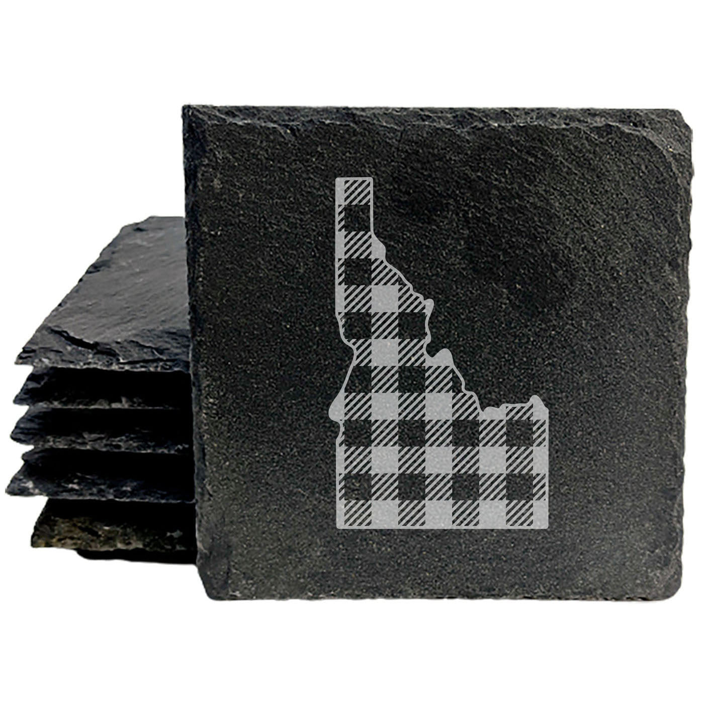 Rustic Slate Coasters Set of 4 - Idaho Plaid Design, 4" Round, Natural Chipped Edge, Rubber Feet, - Perfect for Holidays, Birthdays, Housewarming - Made in Oregon, USA