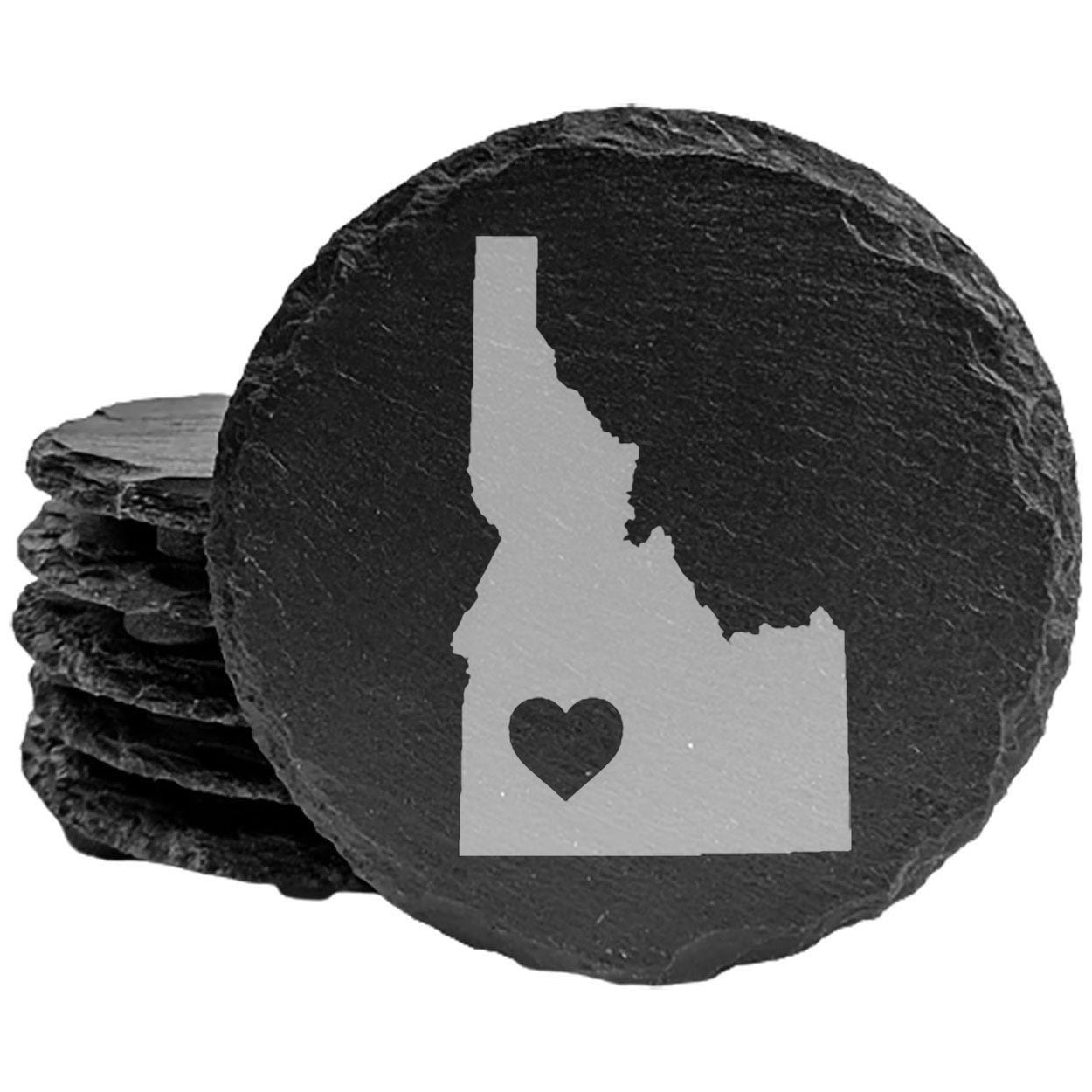 Rustic Slate Coasters Set of 4, Round 4" with Idaho Heart Design, Laser Etched, Natural Chipped Edge, Rubber Feet, , Perfect for Holidays, Birthdays, Housewarming, Made in USA