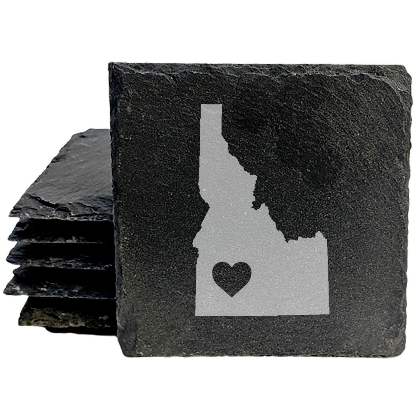 Rustic Slate Coasters Set of 4, Round 4" with Idaho Heart Design, Laser Etched, Natural Chipped Edge, Rubber Feet, , Perfect for Holidays, Birthdays, Housewarming, Made in USA