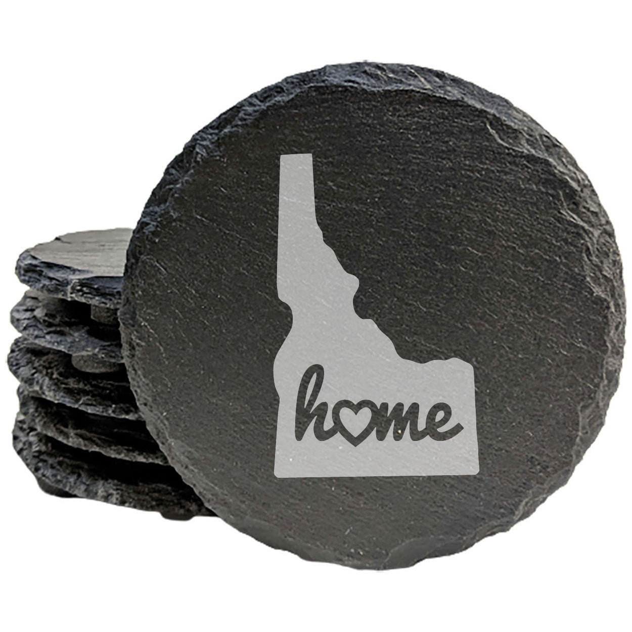 Rustic Slate Coasters Set of 4 - Idaho 'Home' Design with Heart - Perfect Gift for Holidays, Birthdays, Housewarming - Round 4" - Natural Chipped Edge, Rubber Feet - Made in Oregon, USA
