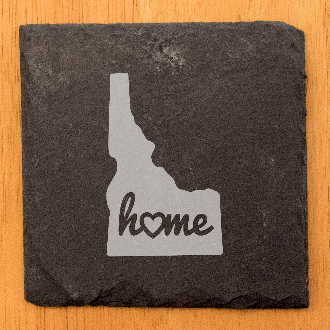 Rustic Slate Coasters Set of 4 - Idaho 'Home' Design with Heart - Perfect Gift for Holidays, Birthdays, Housewarming - Round 4" - Natural Chipped Edge, Rubber Feet - Made in Oregon, USA
