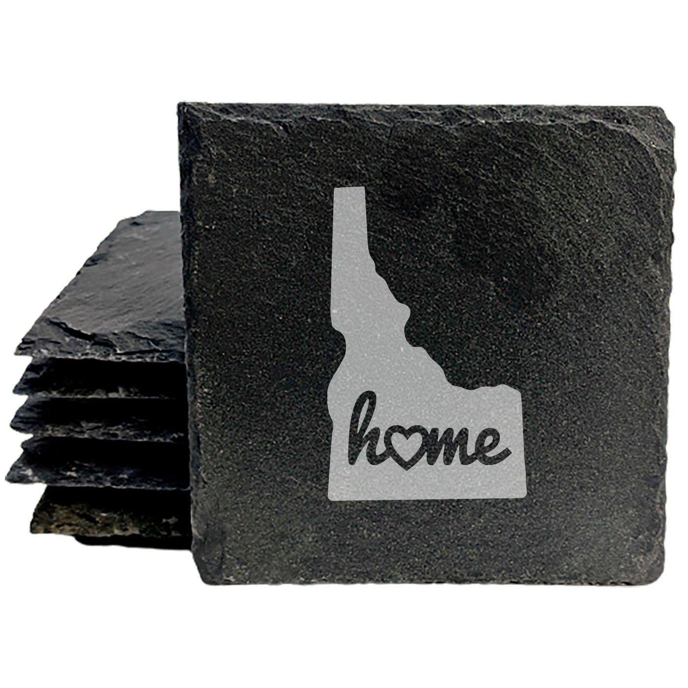 Rustic Slate Coasters Set of 4 - Idaho 'Home' Design with Heart - Perfect Gift for Holidays, Birthdays, Housewarming - Round 4" - Natural Chipped Edge, Rubber Feet - Made in Oregon, USA