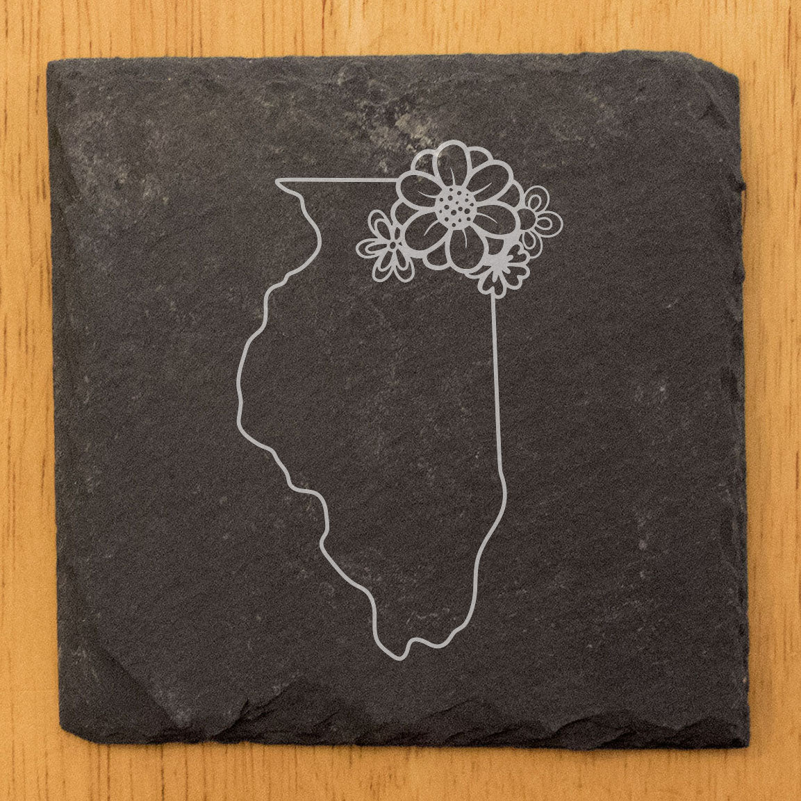 Rustic Slate Coasters Set of 4 - Illinois State Outline Design with Flower, 4" Round/Square, Natural Chipped Edge, Rubber Feet, - Perfect for Holidays, Birthdays, Housewarming!