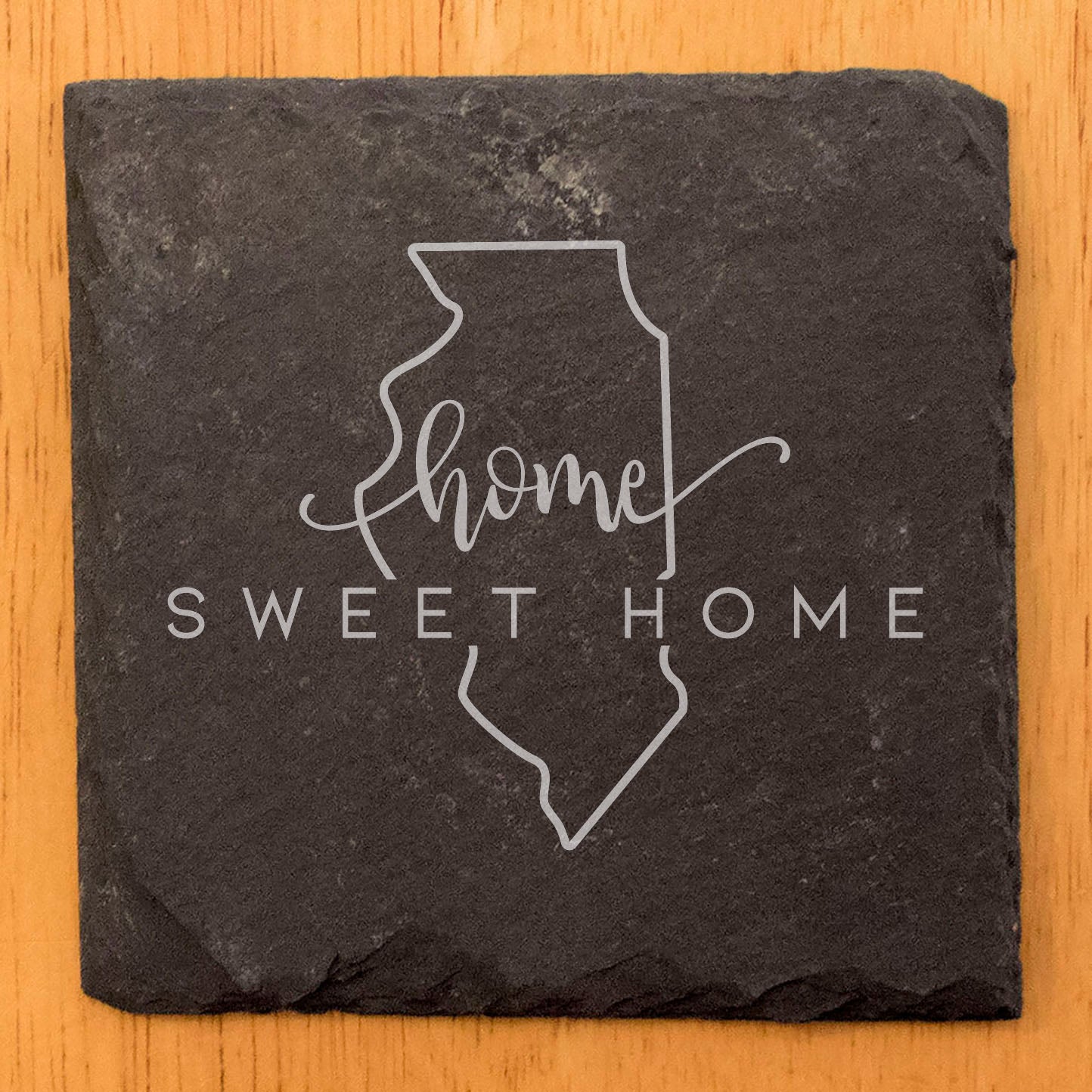 Rustic Slate Coasters Set of 4, Round 4" with 'Home Sweet Home' Illinois Design, Perfect Gift for Holidays, Birthdays, Housewarming, She-Shed, Man Cave, Made in Oregon, USA, Natural Chipped Edge