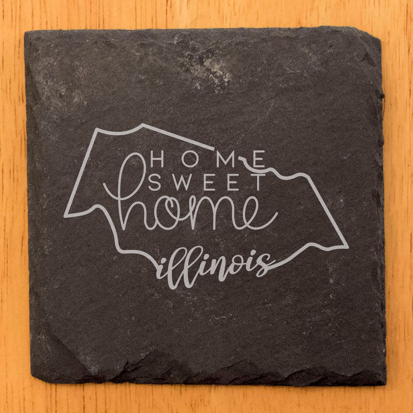 Rustic Slate Coasters Set of 4, Round 4" with Illinois 'Home Sweet Home' Design, Laser Etched, Perfect for Holidays, Birthdays, Housewarming Gifts, Made in Oregon, USA, Natural Chipped Edge