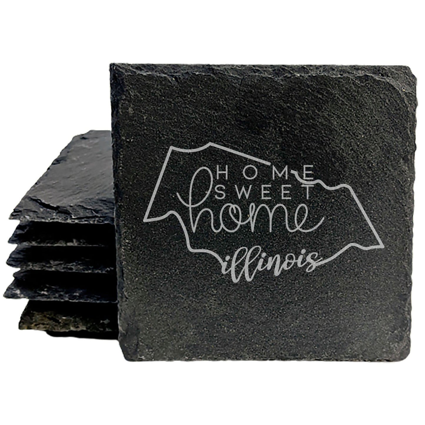Rustic Slate Coasters Set of 4, Round 4" with Illinois 'Home Sweet Home' Design, Laser Etched, Perfect for Holidays, Birthdays, Housewarming Gifts, Made in Oregon, USA, Natural Chipped Edge
