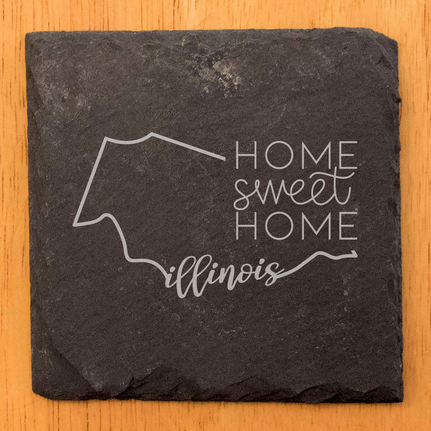 Rustic Slate Coasters Set of 4, Round 4" with Illinois 'Home Sweet Home' Design, Laser Etched, Perfect for Holidays, Birthdays, Housewarming Gifts, Made in Oregon, USA, Natural Chipped Edge
