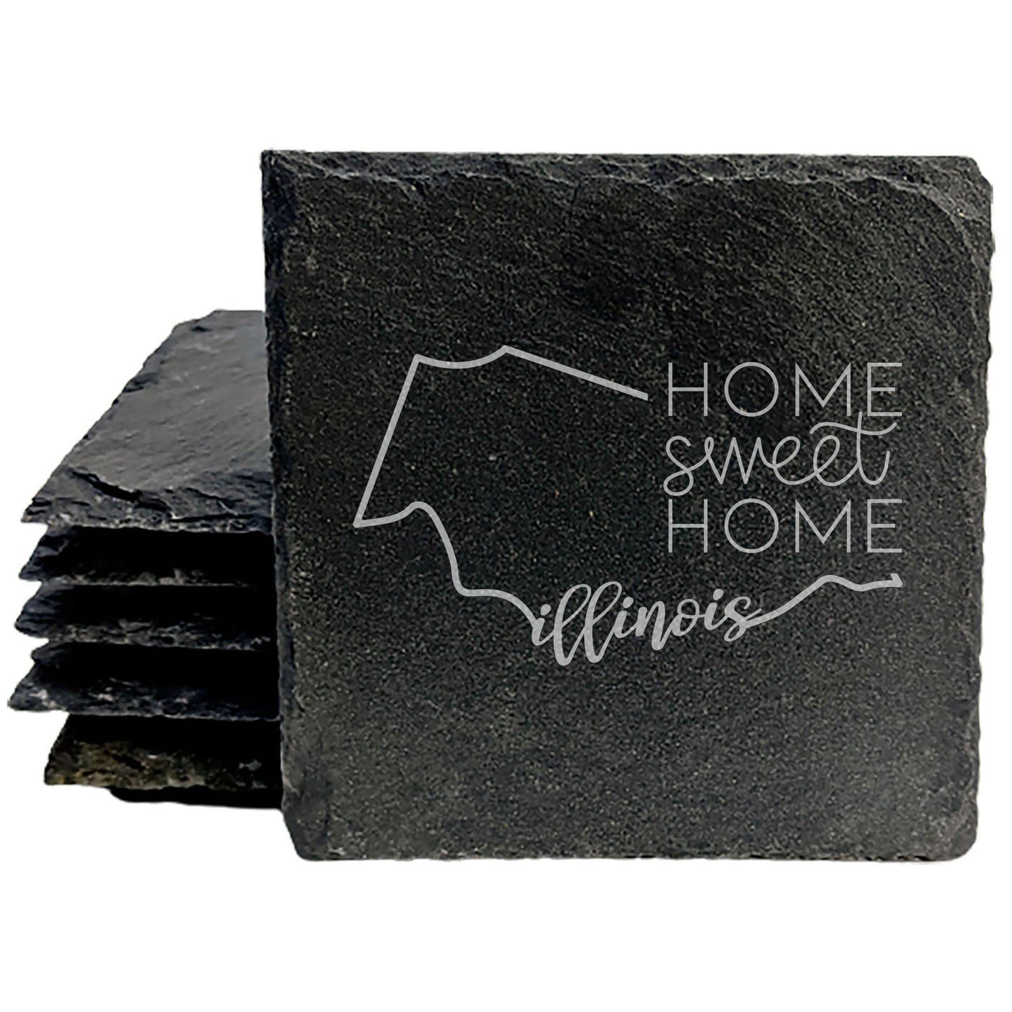 Rustic Slate Coasters Set of 4, Round 4" with Illinois 'Home Sweet Home' Design, Laser Etched, Perfect for Holidays, Birthdays, Housewarming Gifts, Made in Oregon, USA, Natural Chipped Edge