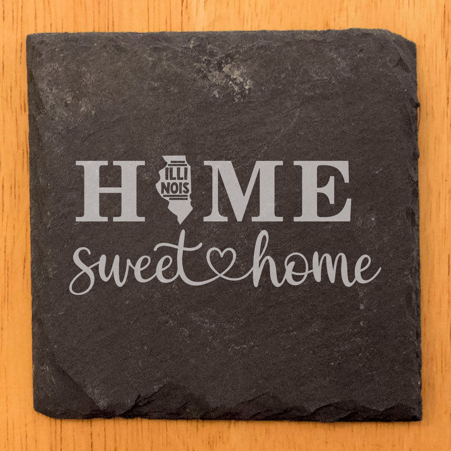 Rustic Slate Coasters Set of 4, 4" Round, Laser Etched 'HOME SWEET HOME' Illinois Design, Perfect Gift for Holidays, Birthdays, Housewarming, She-Shed, Man Cave, Made in Oregon, USA