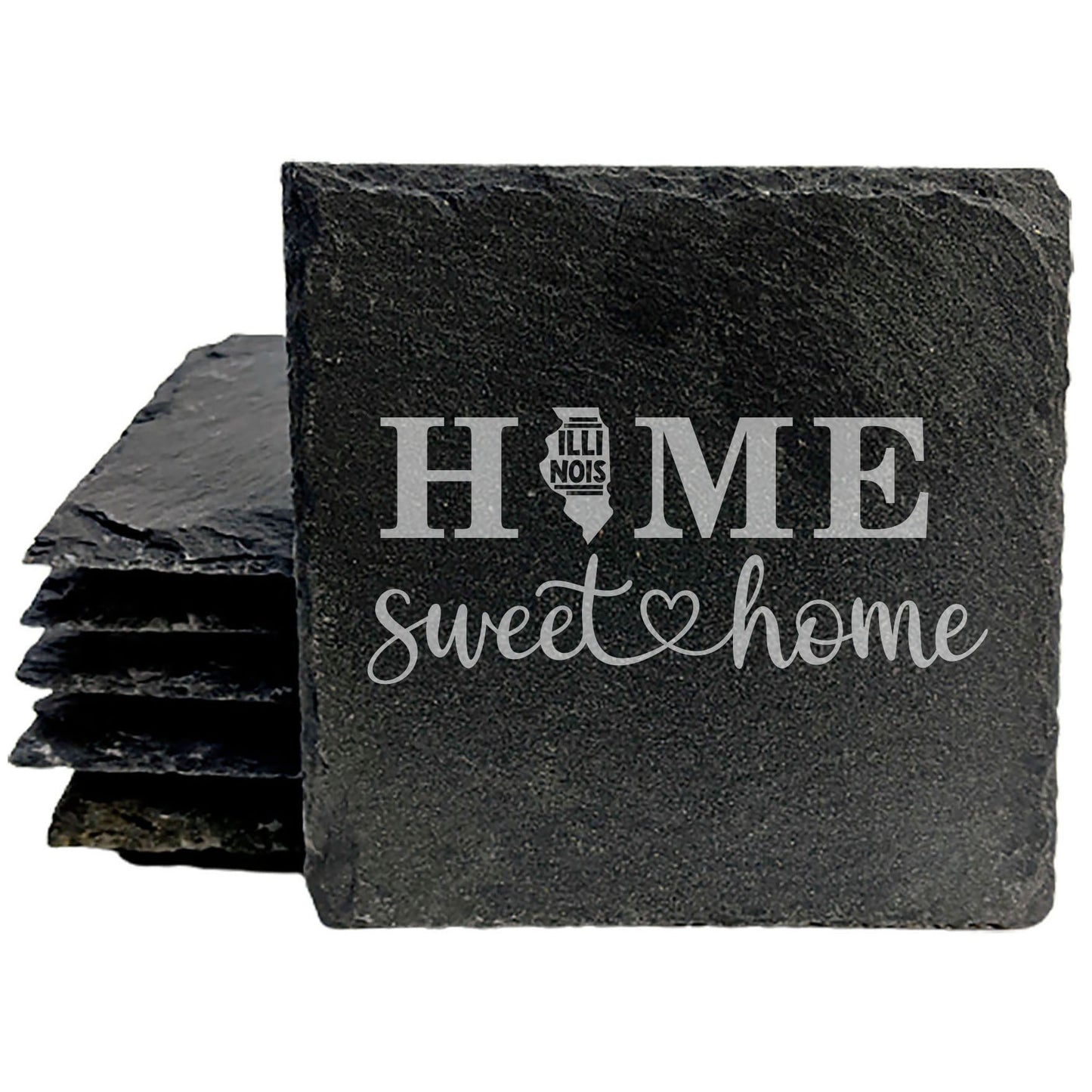 Rustic Slate Coasters Set of 4, 4" Round, Laser Etched 'HOME SWEET HOME' Illinois Design, Perfect Gift for Holidays, Birthdays, Housewarming, She-Shed, Man Cave, Made in Oregon, USA