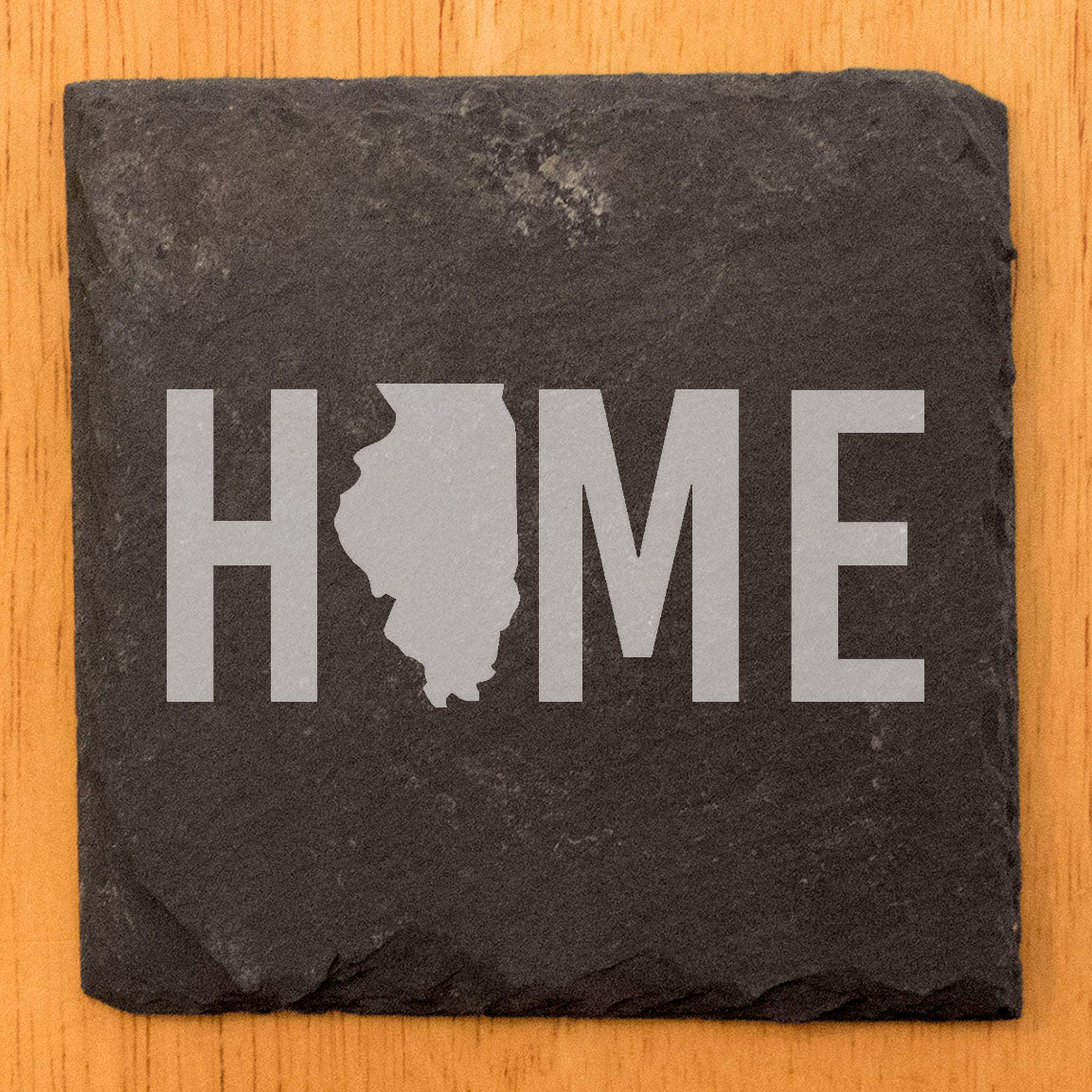 Rustic Slate Coasters Set of 4 - Laser Etched 'HOME' Design with Illinois State - Perfect Gift for Holidays, Birthdays, Housewarming - 4" Round, Natural Chipped Edge, Made in Oregon, USA