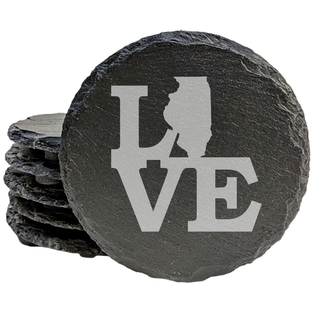 Rustic Slate Coasters Set of 4, Round 4" with 'LOVE' Illinois Design, Perfect for Holidays, Birthdays, Housewarming Gifts, She-Shed or Man Cave, Made in Oregon, USA, Natural Chipped Edge