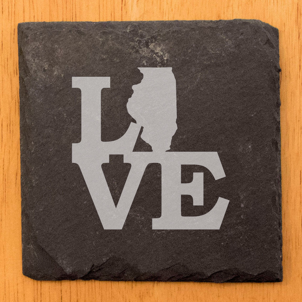 Rustic Slate Coasters Set of 4, Round 4" with 'LOVE' Illinois Design, Perfect for Holidays, Birthdays, Housewarming Gifts, She-Shed or Man Cave, Made in Oregon, USA, Natural Chipped Edge