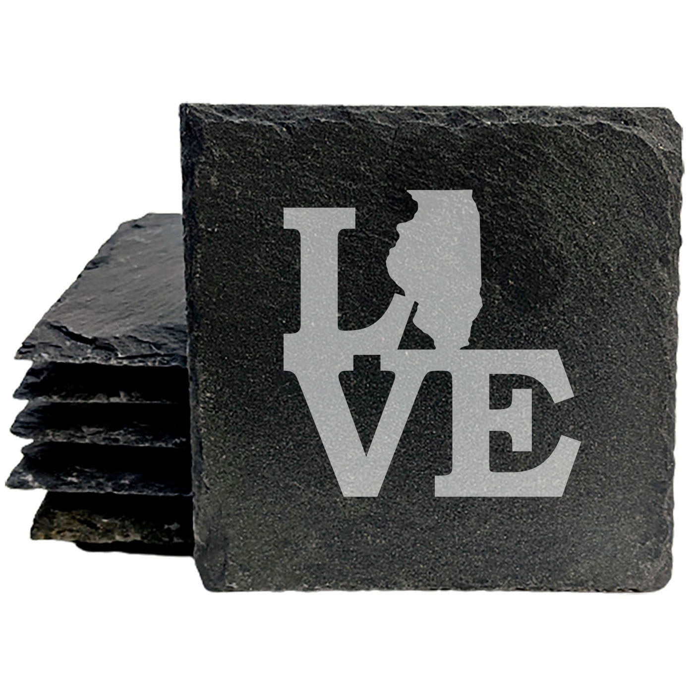 Rustic Slate Coasters Set of 4, Round 4" with 'LOVE' Illinois Design, Perfect for Holidays, Birthdays, Housewarming Gifts, She-Shed or Man Cave, Made in Oregon, USA, Natural Chipped Edge
