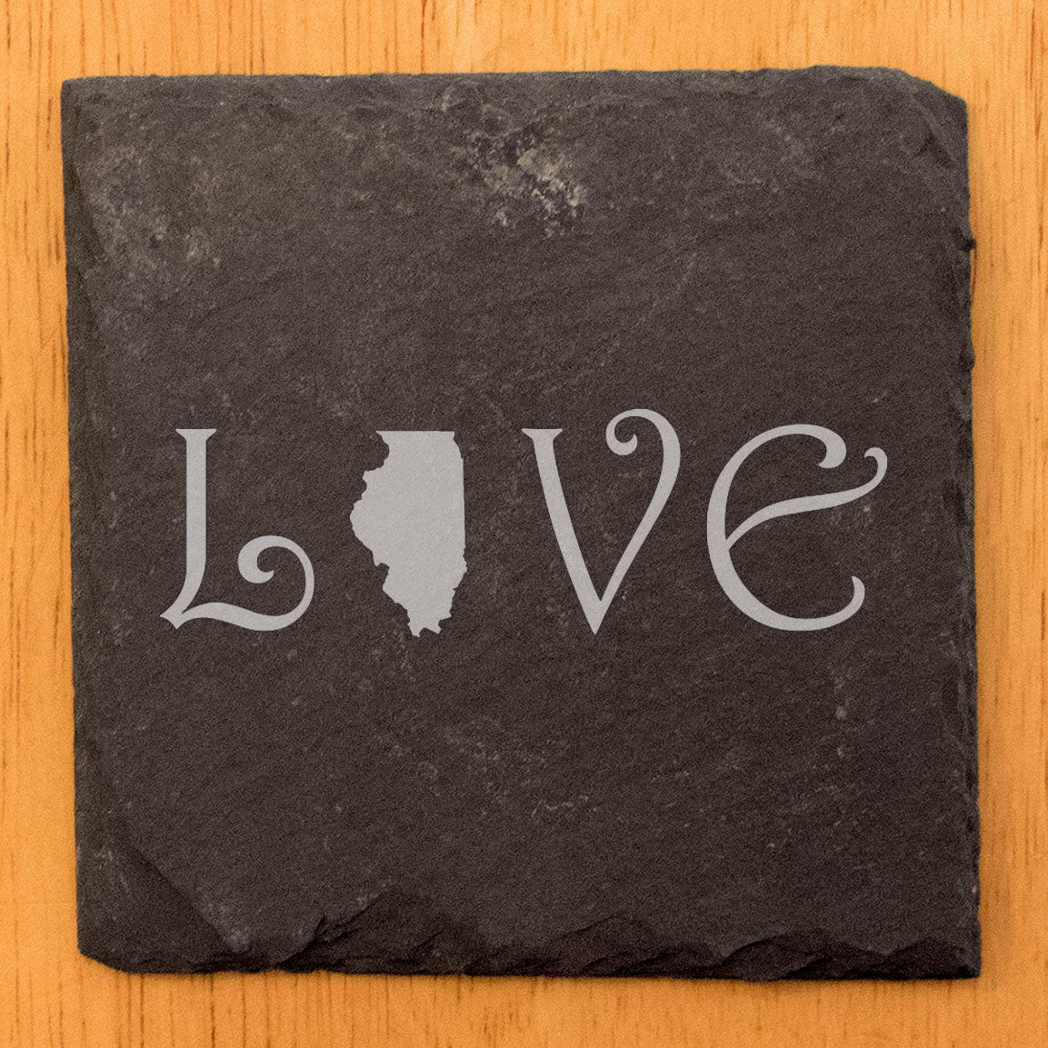 Rustic Slate Coasters Set of 4, Square, Laser Etched 'LOVE' Design with Illinois State, Perfect Gift for Holidays, Birthdays, Housewarming, Made in Oregon, USA, Natural Chipped Edge, Rubber Feet