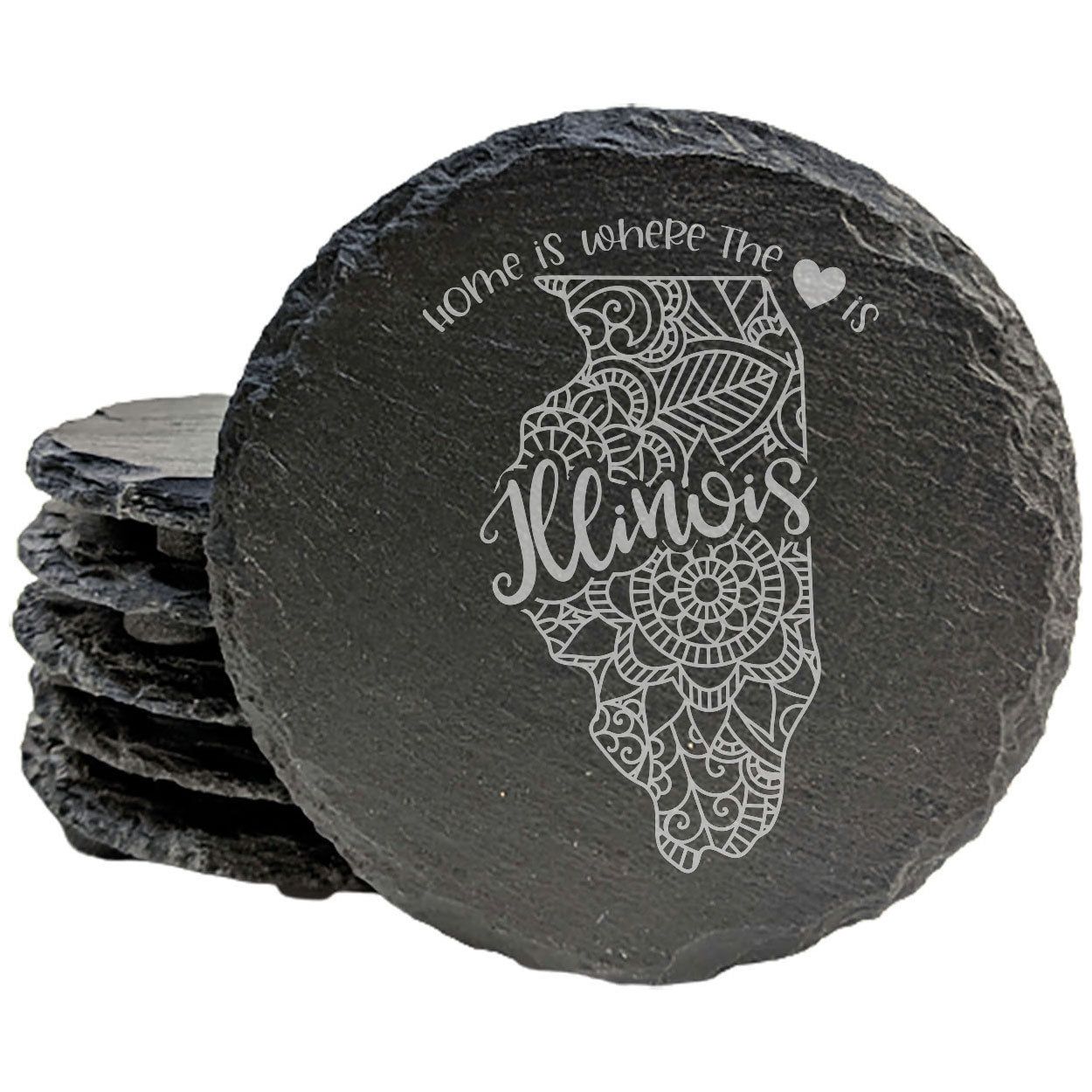 Rustic Slate Coasters Set of 4, Round 4" with Illinois Mandala Design, 'Home is Where the Heart Is' Quote, Perfect Gift for Holidays, Birthdays, Housewarming, Made in Oregon, USA