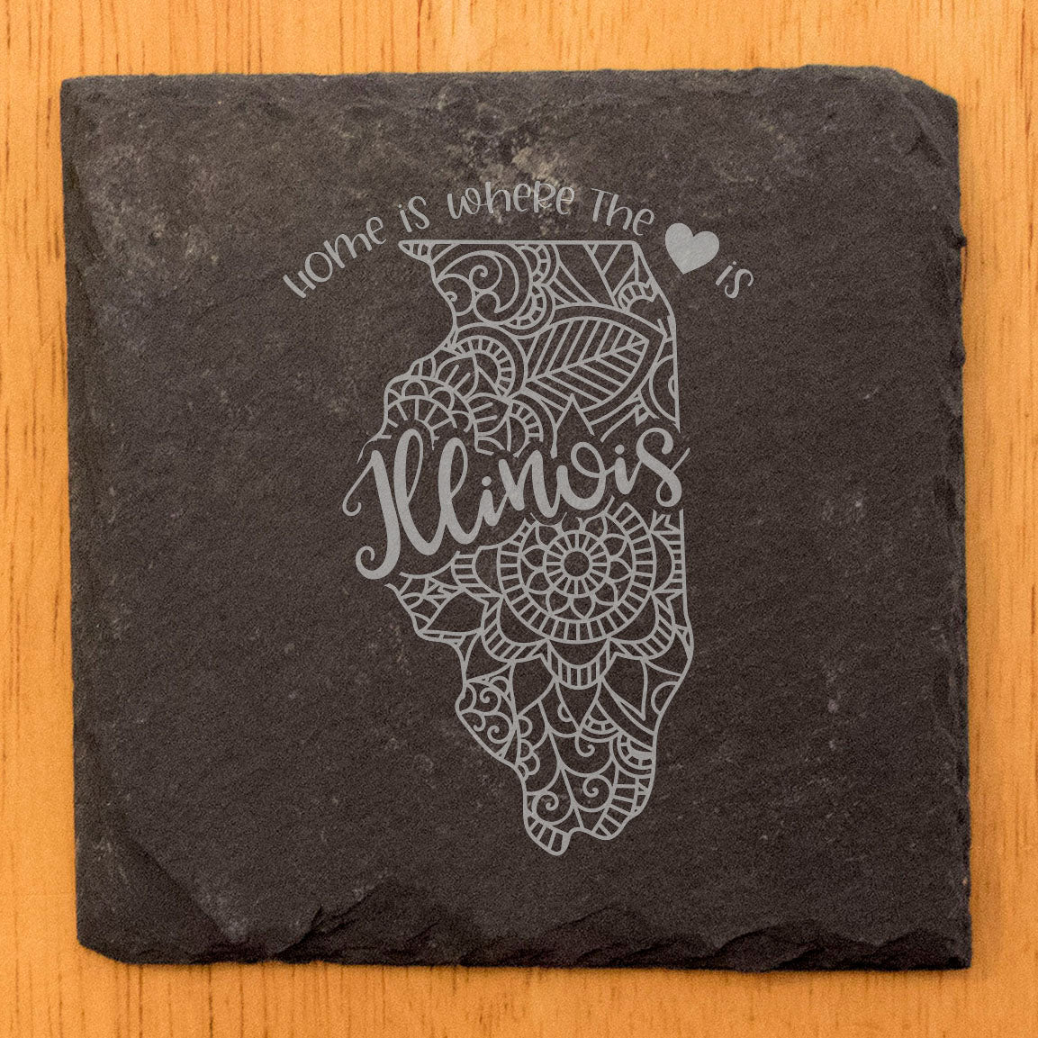 Rustic Slate Coasters Set of 4, Round 4" with Illinois Mandala Design, 'Home is Where the Heart Is' Quote, Perfect Gift for Holidays, Birthdays, Housewarming, Made in Oregon, USA