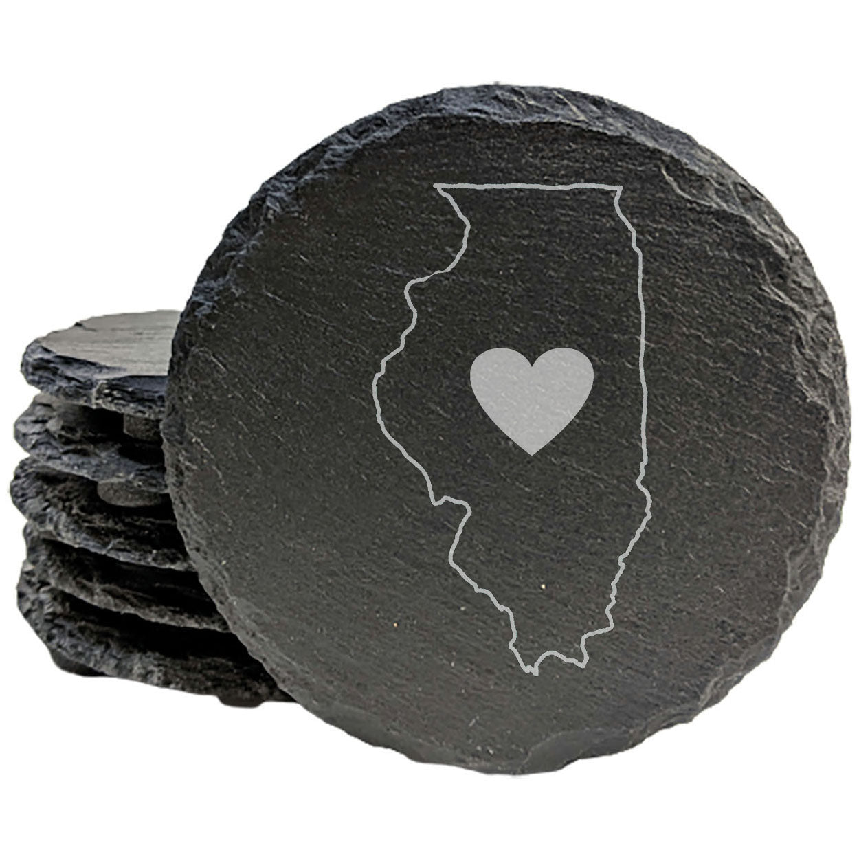 Rustic Slate Coasters Set of 4, Round 4" with Illinois Heart Design, Laser Etched, Natural Chipped Edge, Rubber Feet, , Perfect for Holidays, Birthdays, Housewarming, Made in USA
