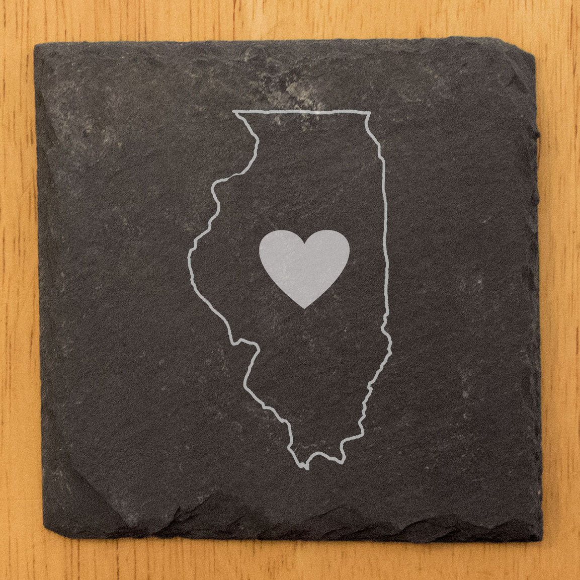 Rustic Slate Coasters Set of 4, Round 4" with Illinois Heart Design, Laser Etched, Natural Chipped Edge, Rubber Feet, , Perfect for Holidays, Birthdays, Housewarming, Made in USA