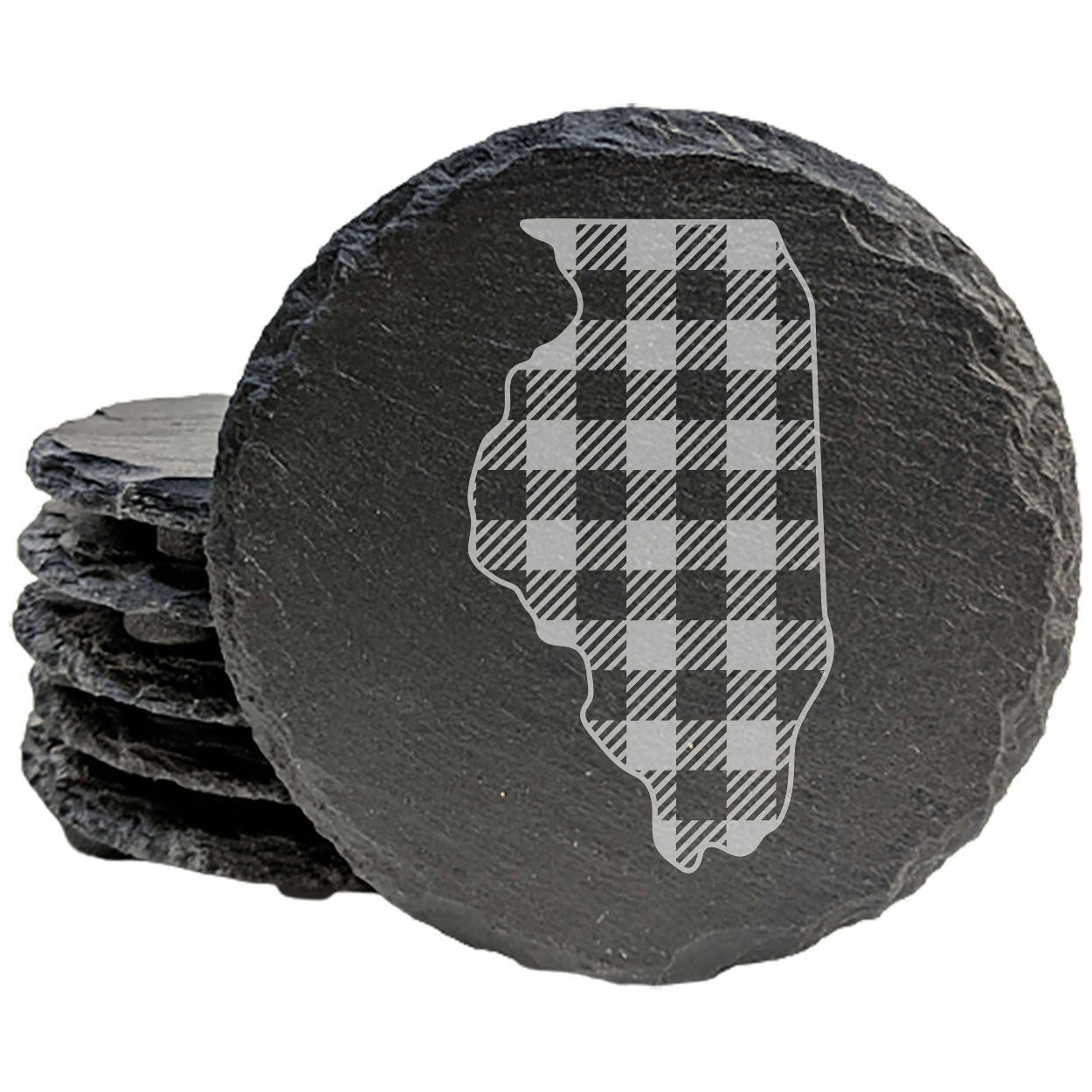 Rustic Slate Coasters Set of 4, Round 4" with Illinois Plaid Design, Laser Etched, Perfect for Holidays, Birthdays, Housewarming Gifts, She-Shed or Man Cave, Made in Oregon, USA, Natural Edge