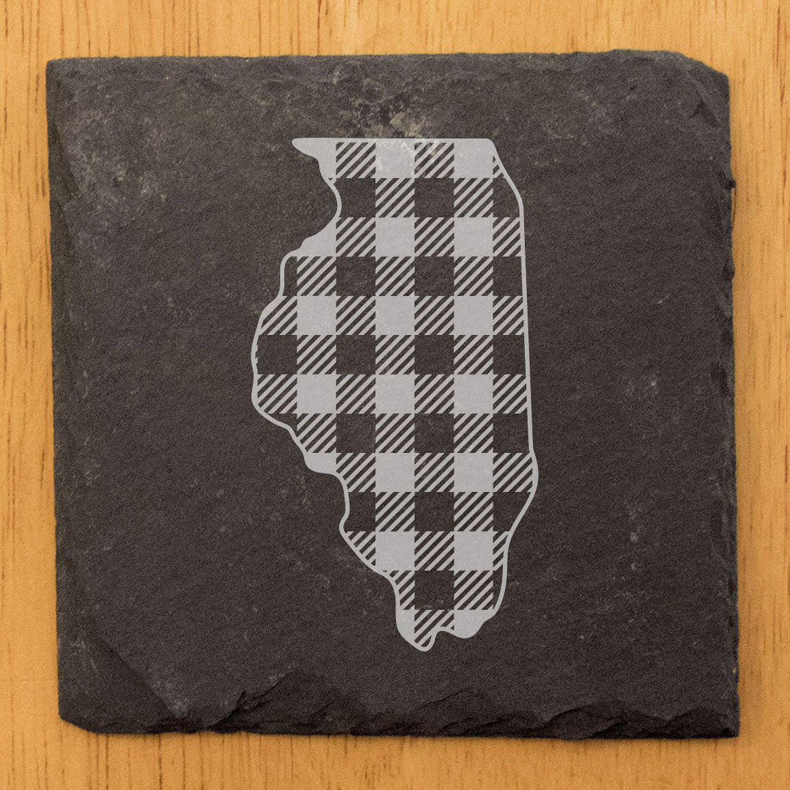Rustic Slate Coasters Set of 4, Round 4" with Illinois Plaid Design, Laser Etched, Perfect for Holidays, Birthdays, Housewarming Gifts, She-Shed or Man Cave, Made in Oregon, USA, Natural Edge