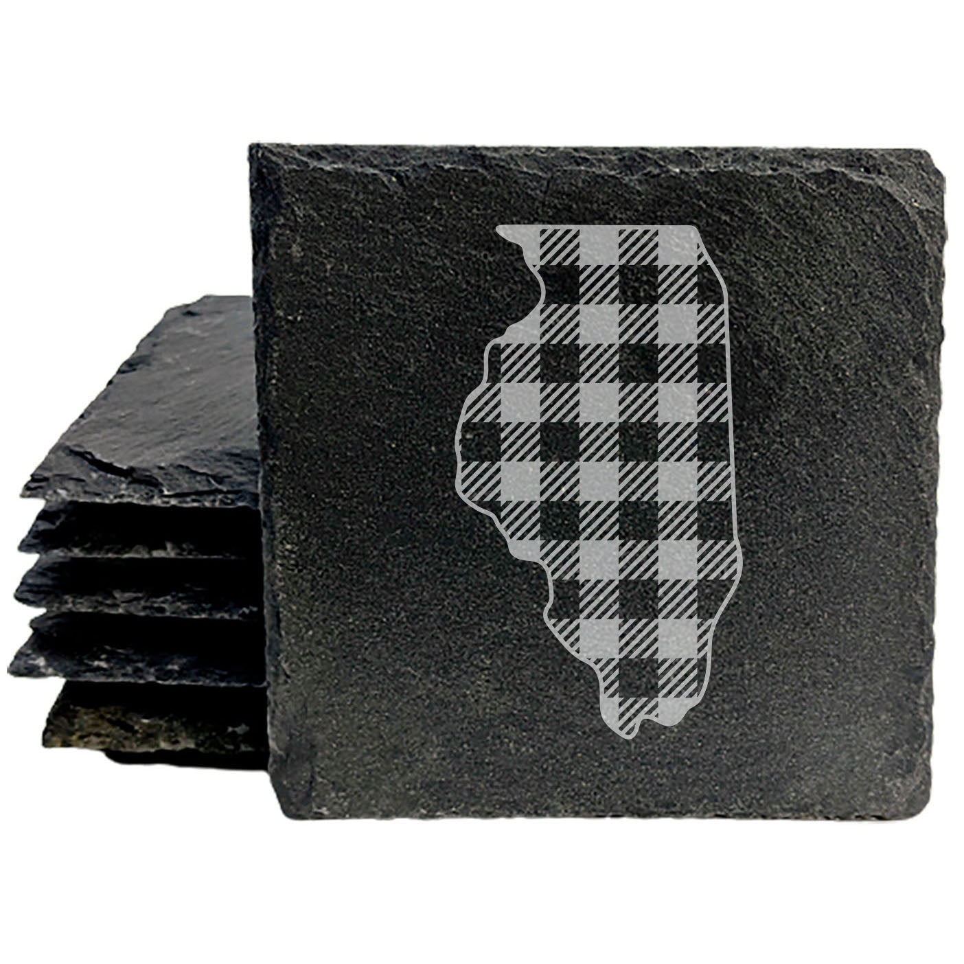 Rustic Slate Coasters Set of 4, Round 4" with Illinois Plaid Design, Laser Etched, Perfect for Holidays, Birthdays, Housewarming Gifts, She-Shed or Man Cave, Made in Oregon, USA, Natural Edge