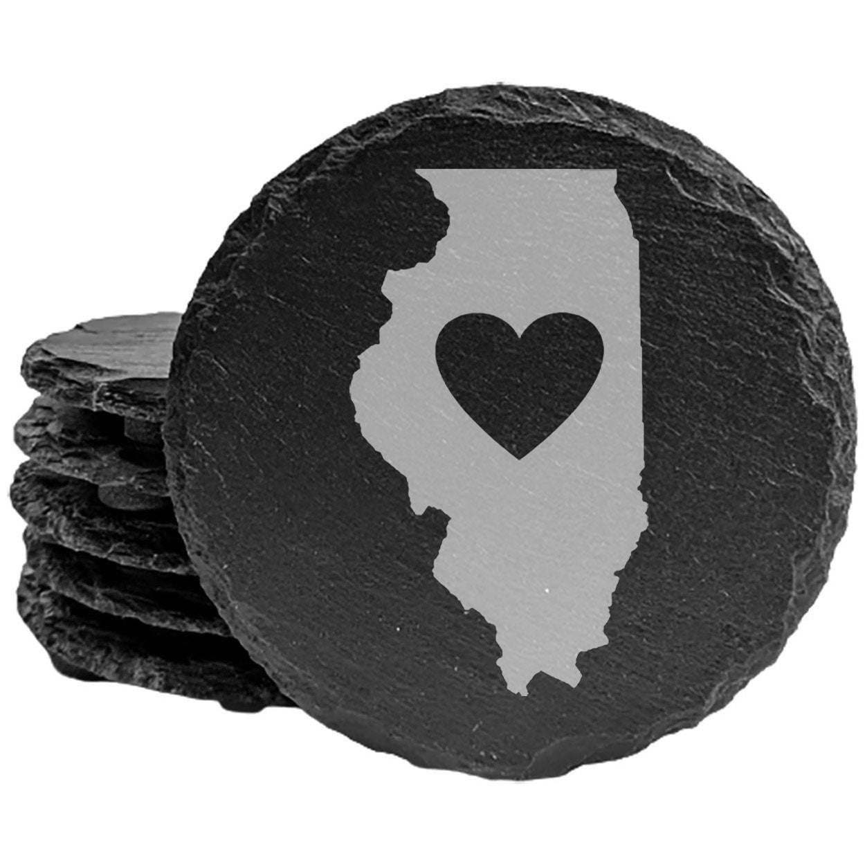 Rustic Slate Coasters Set of 4, Round 4" with Illinois Heart Design, Laser Etched, Perfect for Holidays, Birthdays, Housewarming Gifts, Made in Oregon, USA, Natural Chipped Edge, Rubber Feet