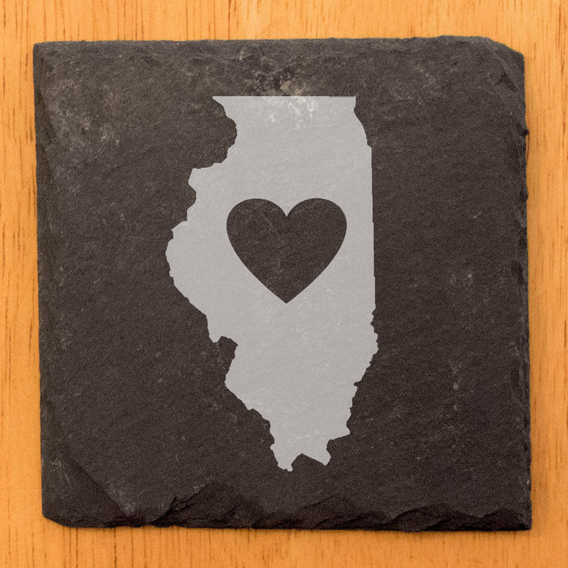 Rustic Slate Coasters Set of 4, Round 4" with Illinois Heart Design, Laser Etched, Perfect for Holidays, Birthdays, Housewarming Gifts, Made in Oregon, USA, Natural Chipped Edge, Rubber Feet