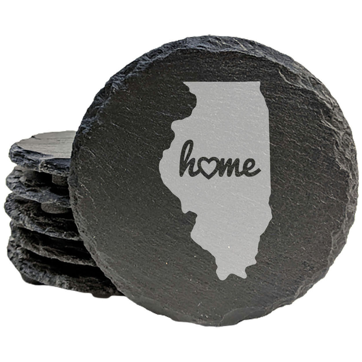 Rustic Slate Coasters Set of 4, Round 4" with Illinois 'Home' Heart Design, Perfect for Holidays, Birthdays, Housewarming Gifts, She-Shed or Man Cave, Made in Oregon, USA, Natural Chipped Edge