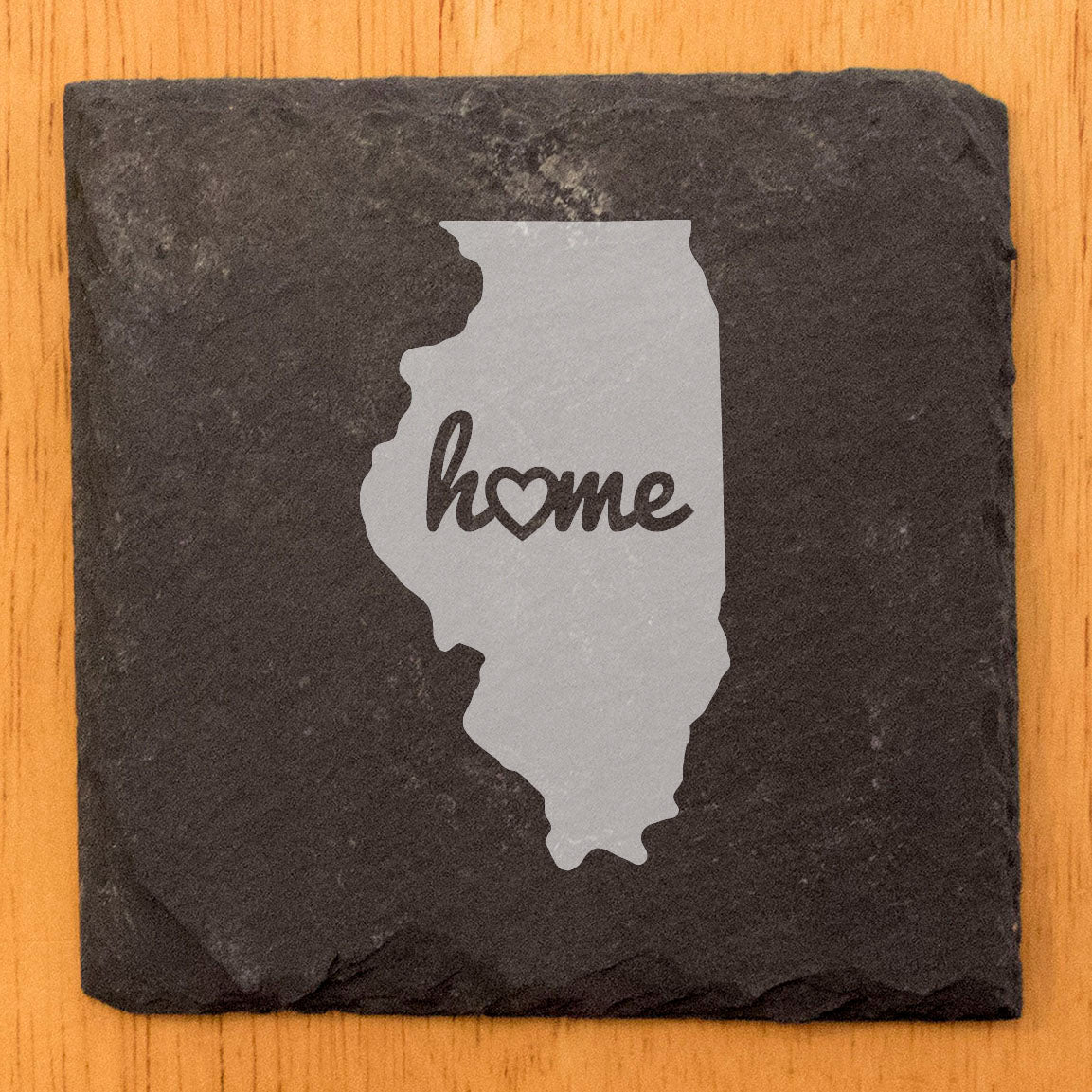 Rustic Slate Coasters Set of 4, Round 4" with Illinois 'Home' Heart Design, Perfect for Holidays, Birthdays, Housewarming Gifts, She-Shed or Man Cave, Made in Oregon, USA, Natural Chipped Edge