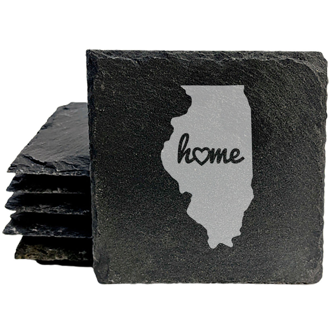 Rustic Slate Coasters Set of 4, Round 4" with Illinois 'Home' Heart Design, Perfect for Holidays, Birthdays, Housewarming Gifts, She-Shed or Man Cave, Made in Oregon, USA, Natural Chipped Edge