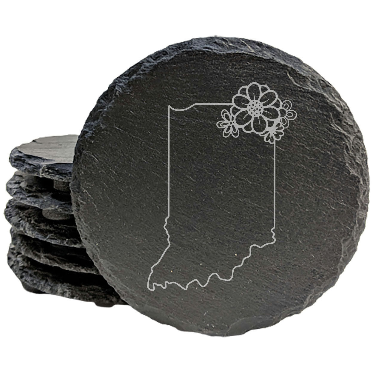 Rustic Slate Coasters Set of 4 - Indiana State Outline with Flower Design, 4" Round or Square, Natural Chipped Edge, Rubber Feet, , Perfect for She-Shed or Man Cave, Made in USA