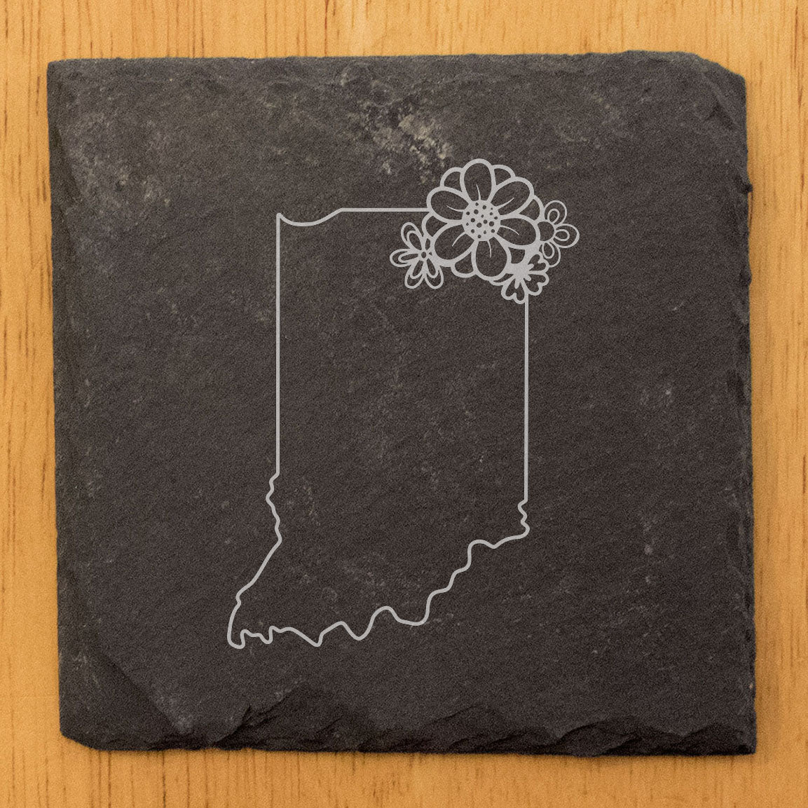Rustic Slate Coasters Set of 4 - Indiana State Outline with Flower Design, 4" Round or Square, Natural Chipped Edge, Rubber Feet, , Perfect for She-Shed or Man Cave, Made in USA