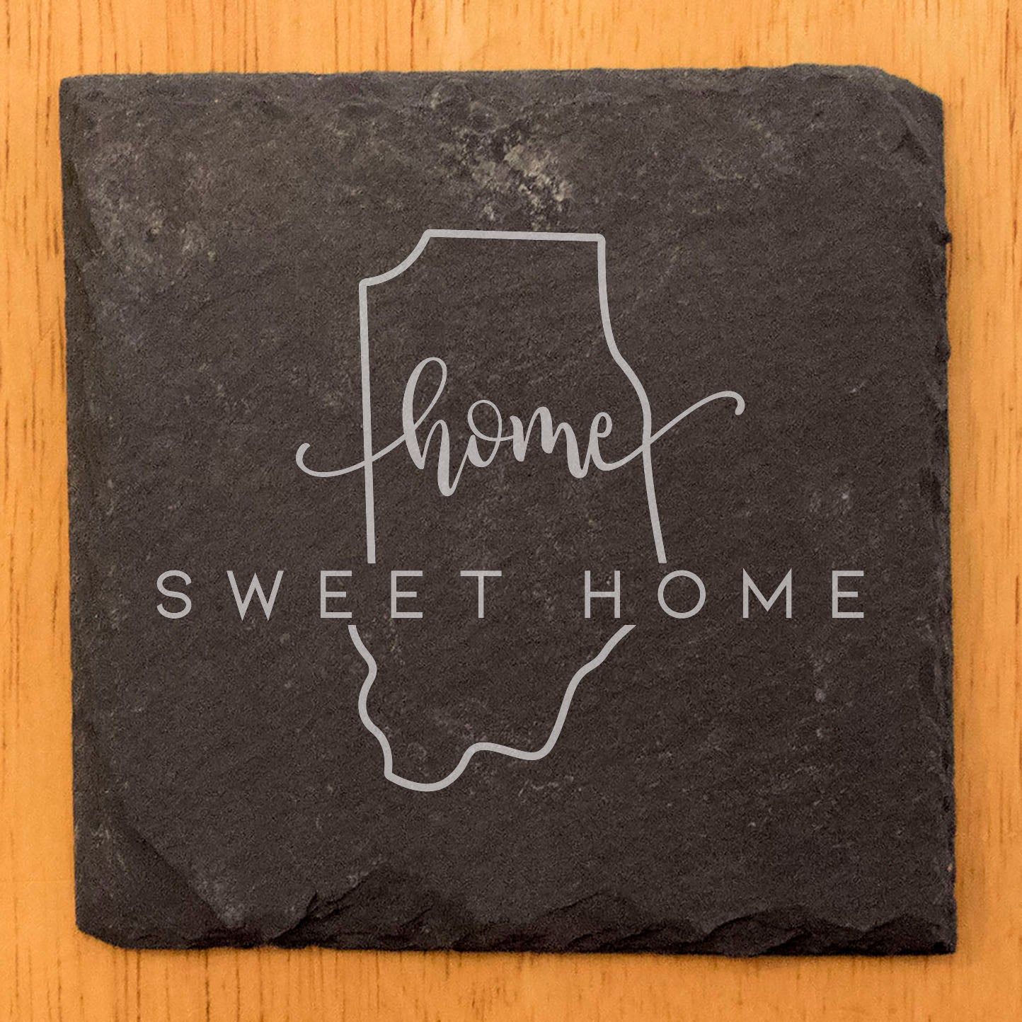 Rustic Slate Coasters Set of 4, Round 4" with Indiana 'Home Sweet Home' Design, Perfect for Holidays, Birthdays, Housewarming Gifts, She-Shed or Man Cave, Made in Oregon, USA, Natural Chipped Edge