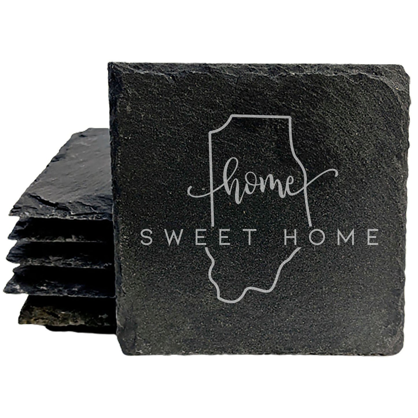 Rustic Slate Coasters Set of 4, Round 4" with Indiana 'Home Sweet Home' Design, Perfect for Holidays, Birthdays, Housewarming Gifts, She-Shed or Man Cave, Made in Oregon, USA, Natural Chipped Edge