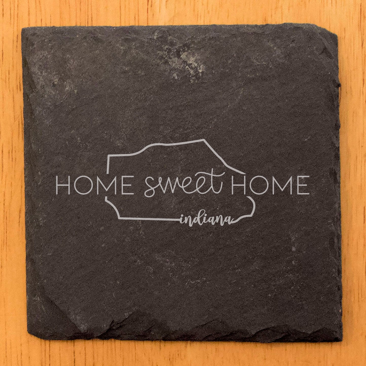 Rustic Slate Coasters Set of 4, Round 4" with Indiana 'Home Sweet Home' Design, Perfect Gift for Holidays, Birthdays, Housewarming, She-Shed or Man Cave, Made in Oregon, USA, Natural Chipped Edge