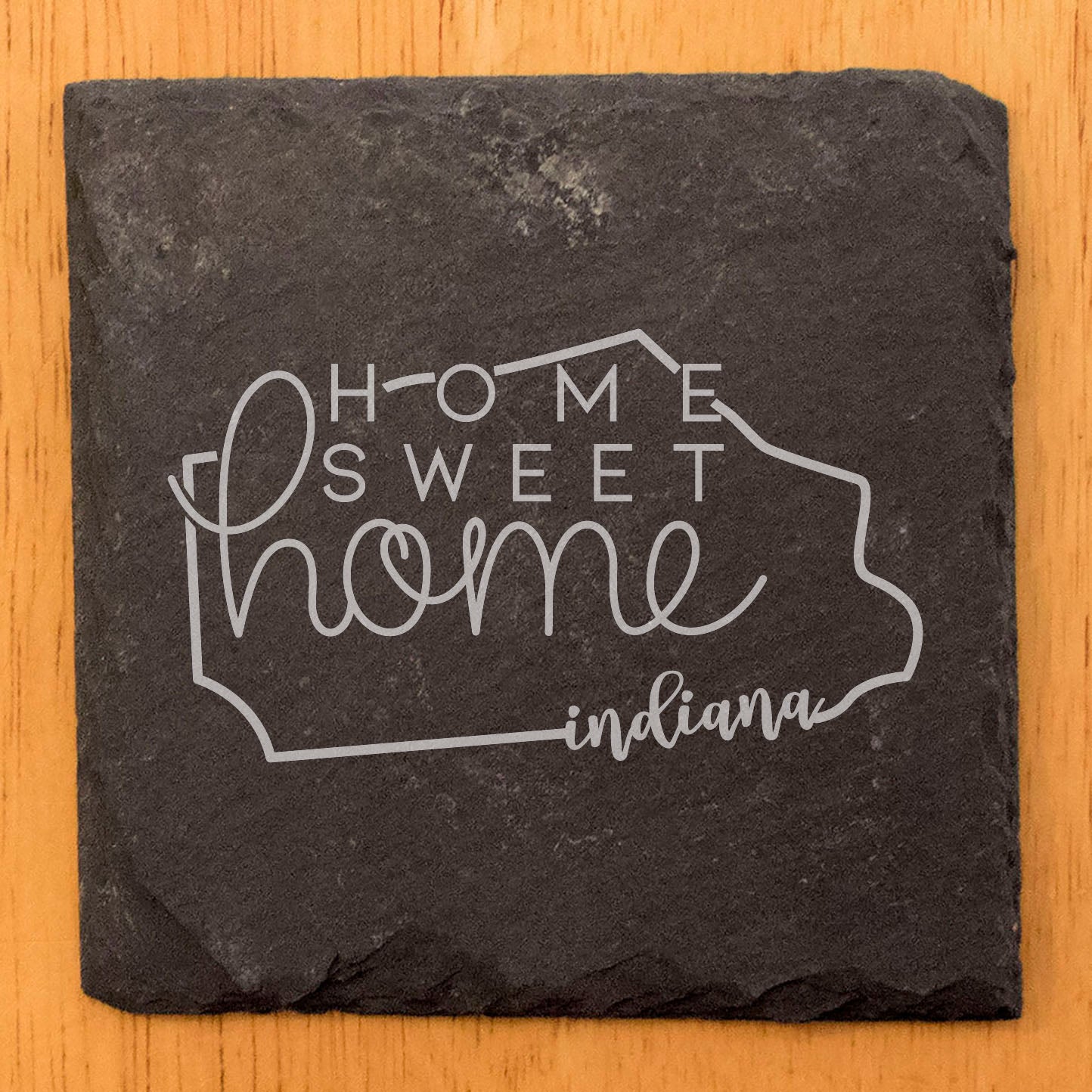 Rustic Slate Coasters Set of 4, Indiana 'Home Sweet Home' Design, 4" Round, Natural Chipped Edge, Rubber Feet, Perfect Gift for Holidays, Birthdays, Housewarming, Made in Oregon, USA