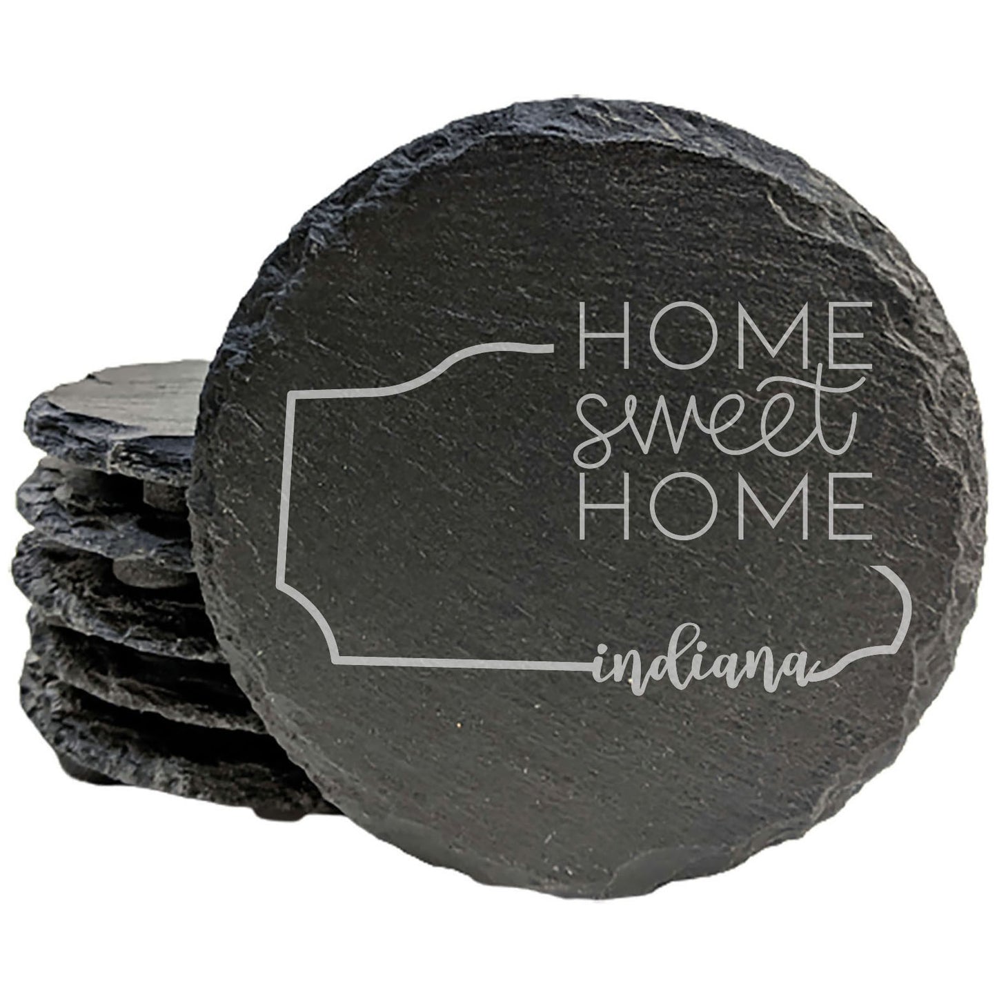 Rustic Slate Coasters Set of 4, Indiana 'Home Sweet Home' Design, 4" Round, Natural Chipped Edge, Rubber Feet, Perfect Gift for Holidays, Birthdays, Housewarming, Made in Oregon, USA