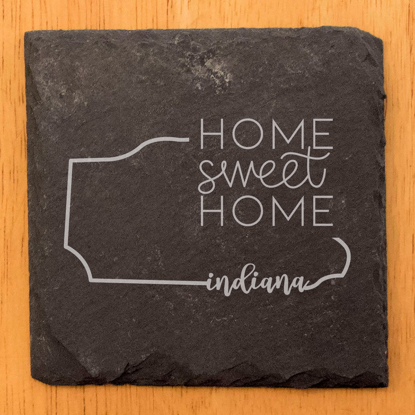Rustic Slate Coasters Set of 4, Indiana 'Home Sweet Home' Design, 4" Round, Natural Chipped Edge, Rubber Feet, Perfect Gift for Holidays, Birthdays, Housewarming, Made in Oregon, USA