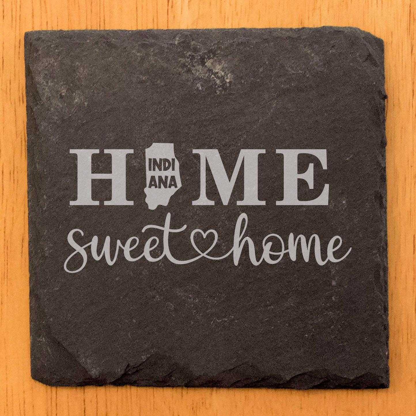 Rustic Slate Coasters Set of 4, Laser Etched 'HOME SWEET HOME' Indiana Design, 4" Round, Natural Chipped Edge, Rubber Feet, Perfect Gift for Holidays, Birthdays, Housewarming, Made in USA