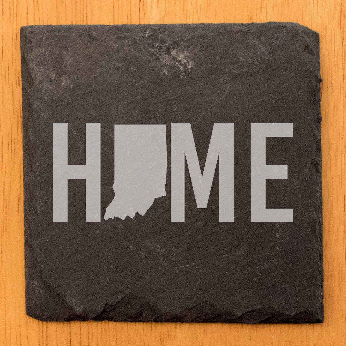 Rustic Slate Coasters Set of 4, Round 4" with Indiana 'HOME' Design, Laser Etched, Perfect for Holidays, Birthdays, Housewarming Gifts, Made in Oregon, USA, Natural Chipped Edge, Rubber Feet