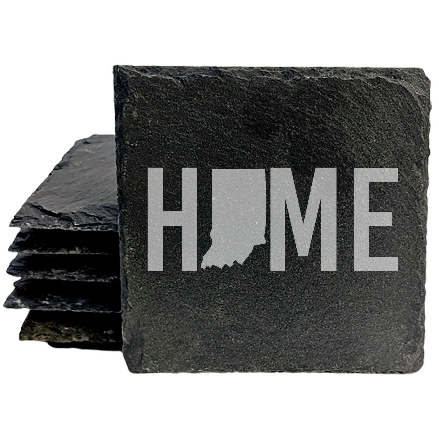 Rustic Slate Coasters Set of 4, Round 4" with Indiana 'HOME' Design, Laser Etched, Perfect for Holidays, Birthdays, Housewarming Gifts, Made in Oregon, USA, Natural Chipped Edge, Rubber Feet