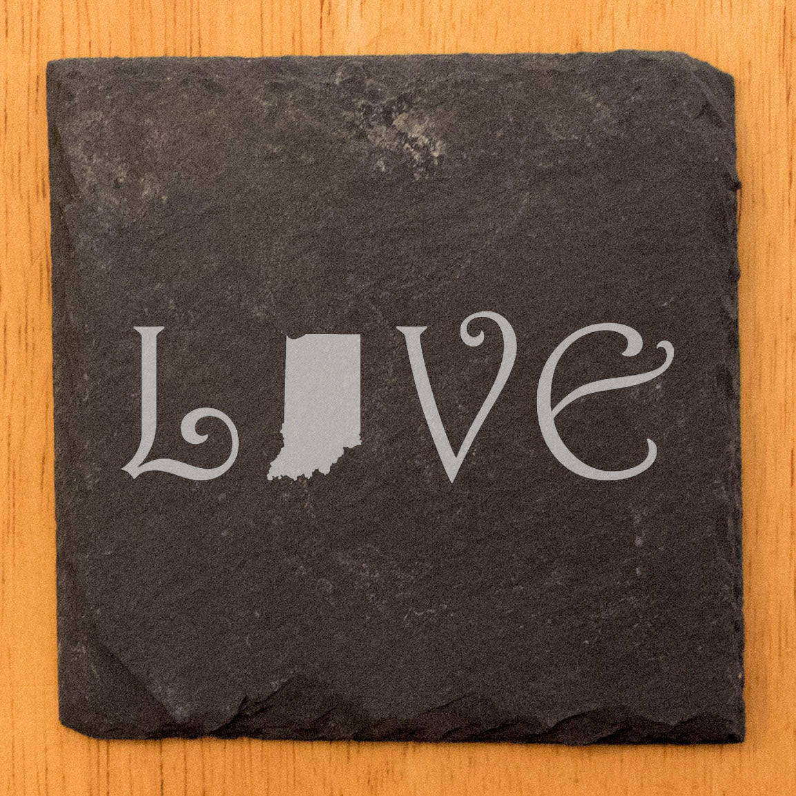 Rustic Slate Coasters Set of 4, Laser Etched 'LOVE' Indiana Design, 4" Square, Natural Chipped Edge, Rubber Feet, Perfect Gift for Holidays, Birthdays, Housewarming, Made in Oregon, USA