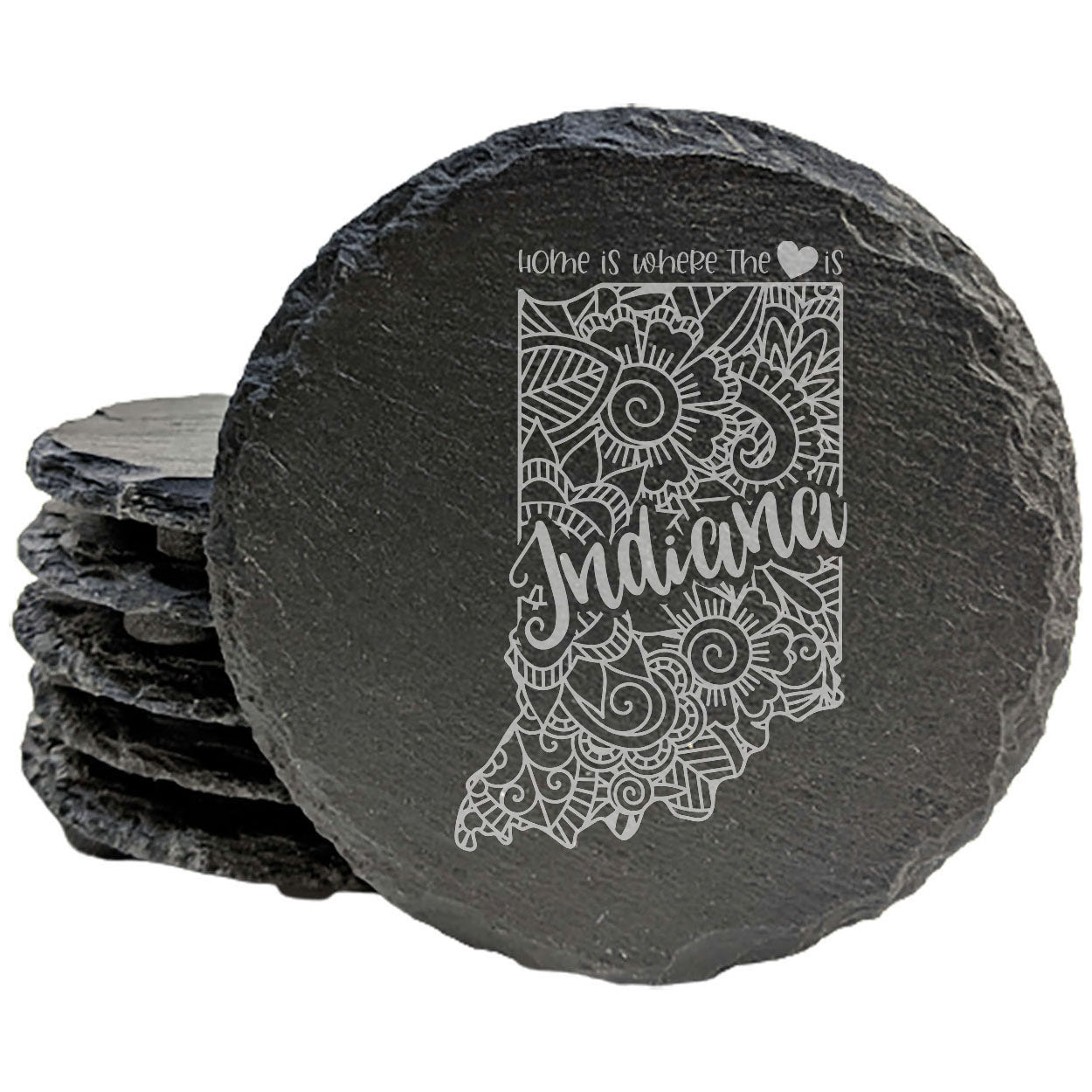 Rustic Slate Coasters Set of 4 - Indiana Mandala Design, 'Home is Where the Heart Is' - Perfect Gift for Holidays, Birthdays, Housewarming - 4" Round, Natural Chipped Edge, Made in Oregon, USA