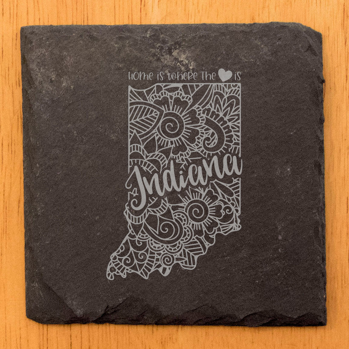 Rustic Slate Coasters Set of 4 - Indiana Mandala Design, 'Home is Where the Heart Is' - Perfect Gift for Holidays, Birthdays, Housewarming - 4" Round, Natural Chipped Edge, Made in Oregon, USA