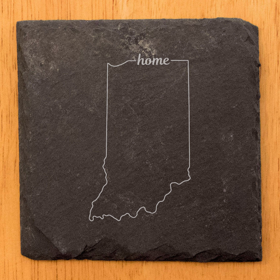 Rustic Slate Coasters Set of 4, Indiana 'Home' Design, 4" Round, Natural Chipped Edge, Rubber Feet, , Perfect for Holidays, Birthdays, Housewarming, Made in Oregon, USA
